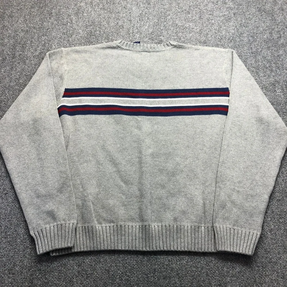 Basic Editions Mens XL V-Neck Sweater Gray Cotton Striped Long Sleeve